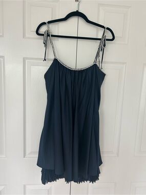 CINQ A SEPT Rhinestones Pleated Hook And Eye Silk Muni Dress Navy
